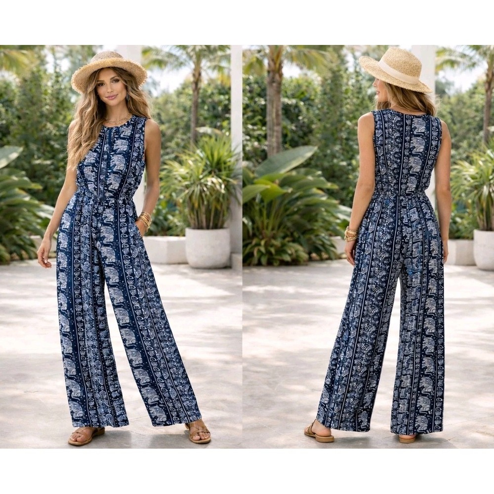 Soft Surroundings Sydney Jumpsuit M Batik Elephant Print Wide Leg Boho Luxury
